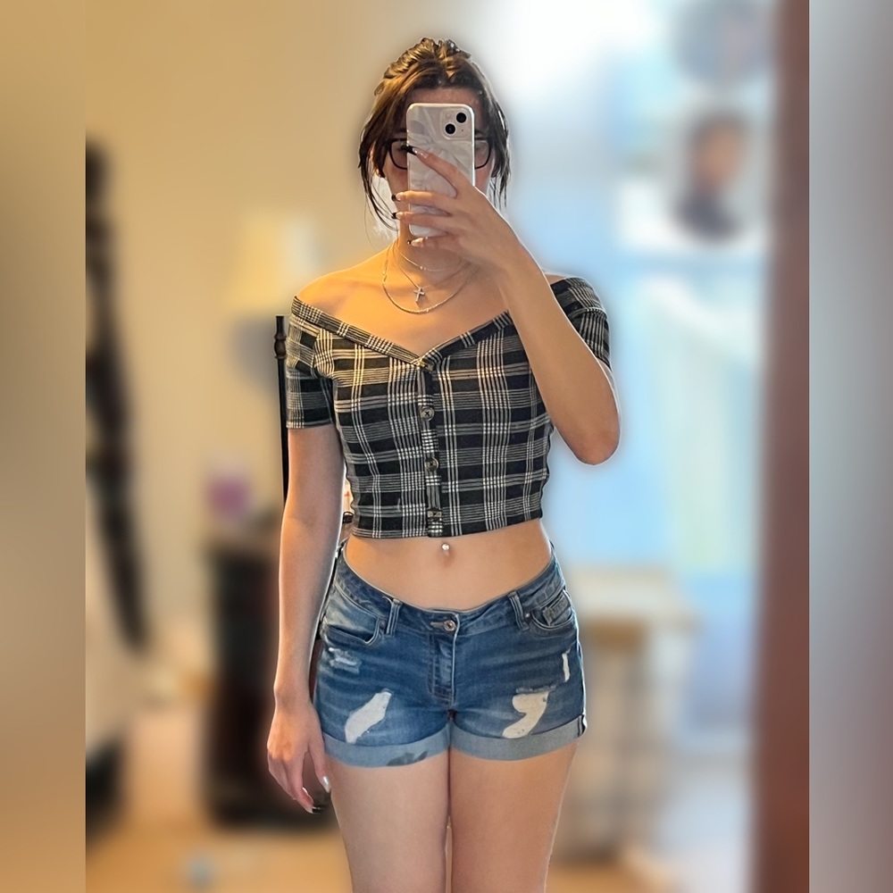 y2k gingham off the shoulder crop top - black, white, grey